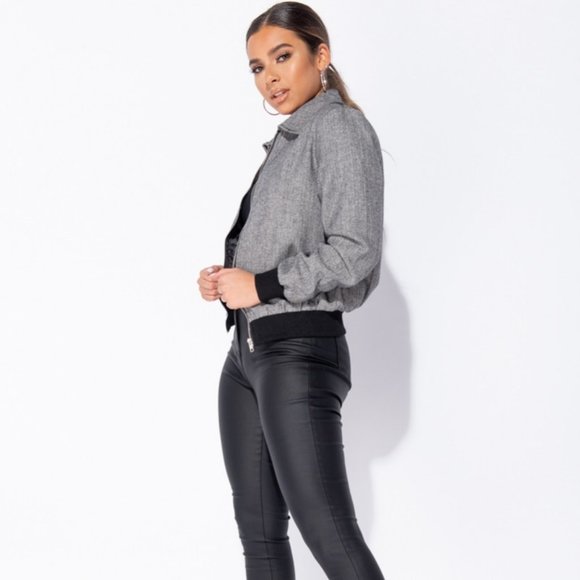 Gray Herringbone Tweed Long Sleeve Bomber Jacket - Picture 5 of 11